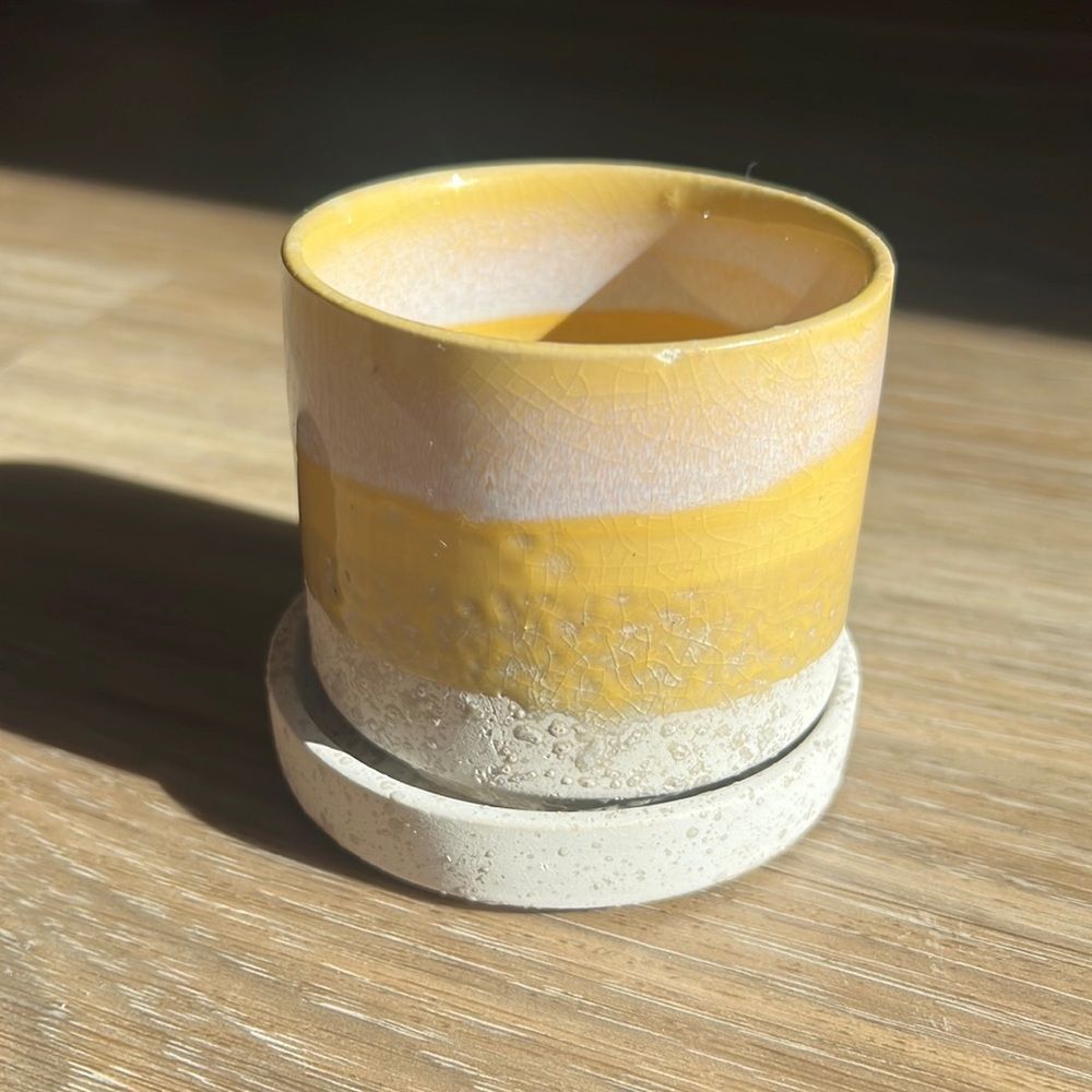Yellow Dip Dyed Pot with Saucer Ceramic New